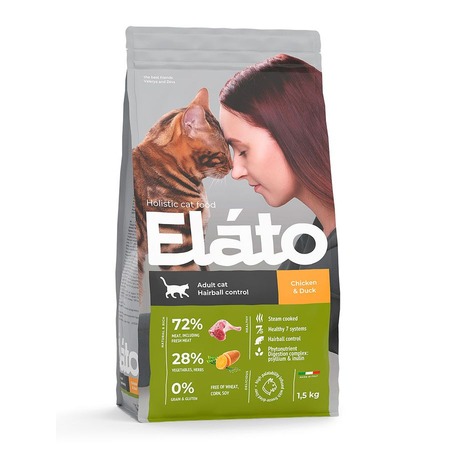 Elato Holistic сухой корм для взрослых кошек для выведения шерсти, с курицей и уткой - 1,5 кг фото 1
