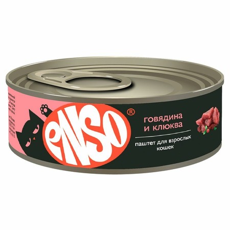 Enso Basic для кошек, полнорационный, профилактика МКБ, с говядиной и клюквой, паштет, в консервах - 100 г фото 1