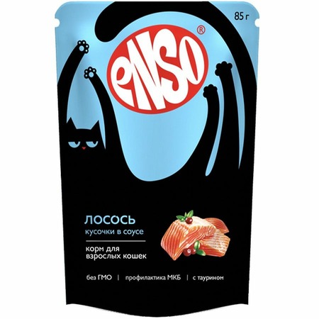 Enso Basic для кошек, полнорационный, профилактика МКБ, с лососем, кусочки в соусе, в паучах - 85 г фото 1