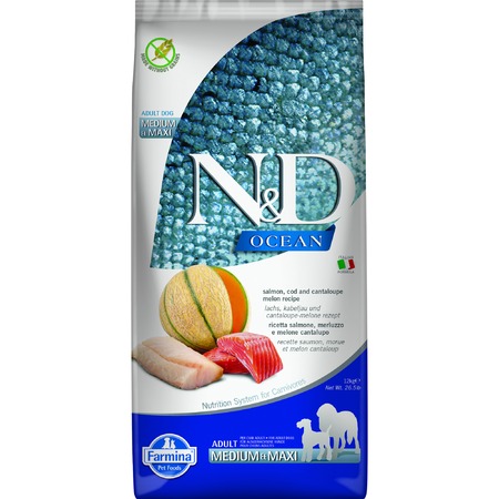 Farmina N&D Ocean Cantaloupe Melon Adult Medium&Maxi сухой корм для взрослых собак средних и крупных пород с лососем, треской и дыней фото 1
