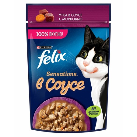 Felix Sensations полнорационный влажный корм для кошек, с уткой и морковью, кусочки в соусе, в паучах - 75 г фото 1