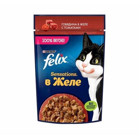 Felix Sensations полнорационный влажный корм для кошек, с говядиной и томатами, кусочки в желе, в паучах - 75 г фото 1