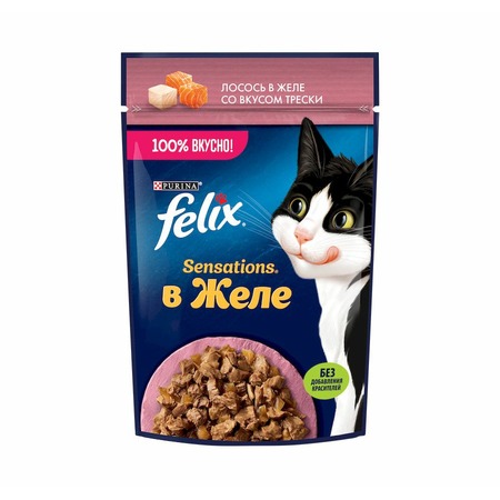 Felix Sensations влажный корм для взрослых кошек, лосось и треска в желе, в паучах - 75 г х 26 шт фото 1
