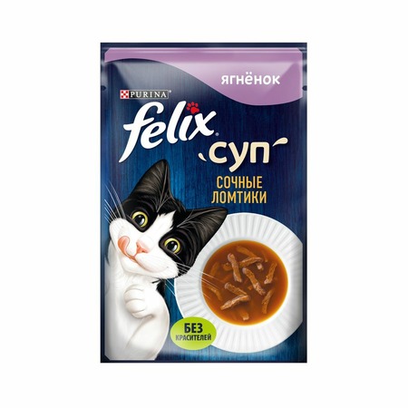 Felix неполнорационный влажный корм для взрослых кошек, суп с сочными ломтиками ягненка, в паучах - 48 г х 36 шт фото 1