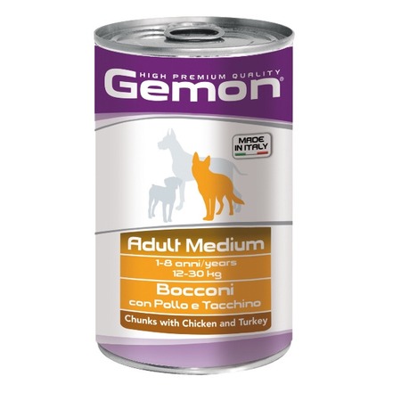 Gemon Dog Medium полнорационный влажный корм для собак средних пород, с курицей и индейкой, кусочки в соусе, в консервах - 1250 г фото 1