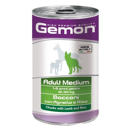 Gemon Dog Medium полнорационный влажный корм для собак средних пород, с ягненком и рисом, кусочки в соусе, в консервах - 1250 г фото 1