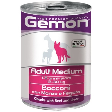 Gemon Adult Medium полнорационный влажный корм для собак средних пород, с говядиной и печенью, кусочки в бульоне, в консервах - 415 г фото 1