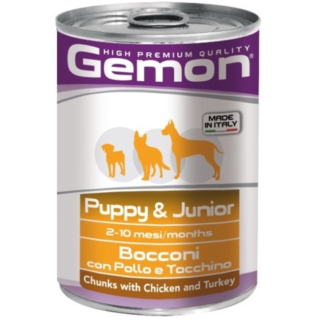 Gemon Dog полнорационный влажный корм для щенков, с курицей и индейкой, кусочки в желе, в консервах - 415 г фото 1