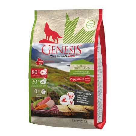 Genesis Pure Canada Green Highland Puppy для щенков, юниоров, беременных и кормящих взрослых собак всех пород с курицей, козой и ягненком 907 г фото 1