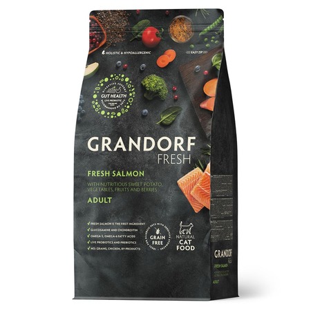 Grandorf Fresh Grain Free Cat Adult Salmon & Sweet Potato Сухой корм беззерновой с живыми пробиотиками для кошек, Сухой корм беззерновой с живыми пробиотиками для здоровья кожи и шерсти, с ЛОСОСЕМ и бататом фото 1
