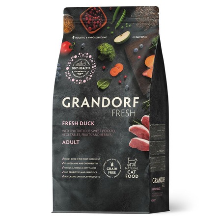 Grandorf Fresh Cat Adult Duck & Sweet Potato  Сухой корм беззерновой с живыми пробиотиками для кошек с УТКОЙ и бататом фото 1
