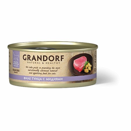 Grandorf Tuna With Mussel In Broth влажный корм для кошек, с филе тунца и мидиями, кусочки в бульоне, в консервах - 70 г фото 1