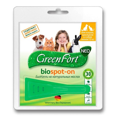 GreenFort NEO Биокапли для кошек, кроликов и собак до 10 кг от клещей, блох, вшей, власоедов, комаров, слепней 1 мл фото 1