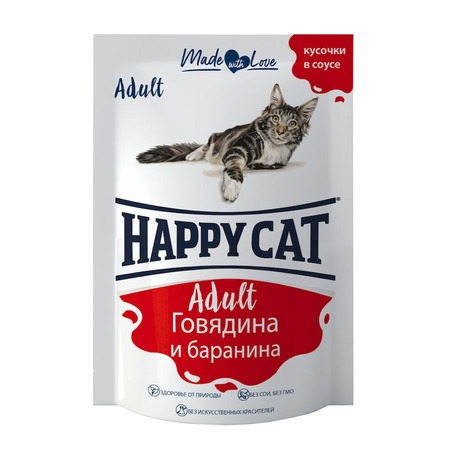 Happy Cat влажный корм для кошек, с бараниной и говядиной, кусочки в соусе, в паучах - 100 г фото 1