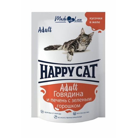 Happy Cat влажный корм для кошек, с говядиной, печенью и горохом, кусочки в желе, в паучах - 100 г фото 1