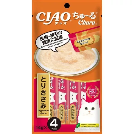 Inaba Ciao Churu лакомство пюре для взрослых кошек, для поддержания здоровья кожи и шерсти, с куриным филе - 14 г х 4 шт фото 1