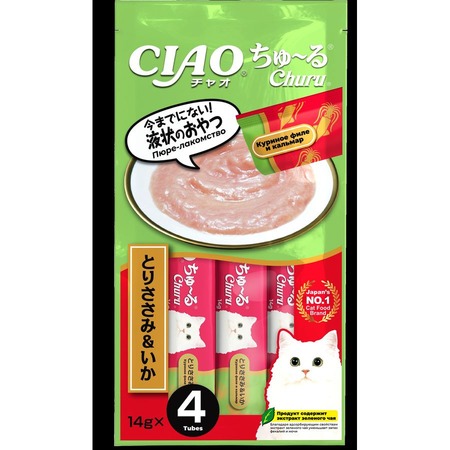Inaba Ciao Churu лакомство-пюре для взрослых кошек с куриным филе и кальмаром - 14 г х 4 шт фото 1
