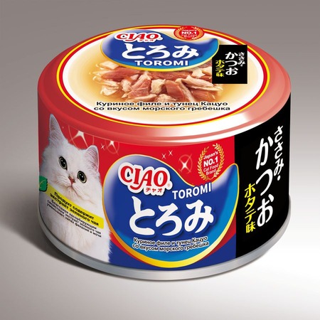 Inaba Ciao Toromi консервы для взрослых кошек с куриным филе, тунцом кацуо, со вкусом морского гребешка, в бульоне - 80 г х 24 шт фото 1