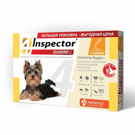 Inspector Quadro капли для собак 1-4 кг от блох, клещей и гельминтов - 3 пипетки фото 1