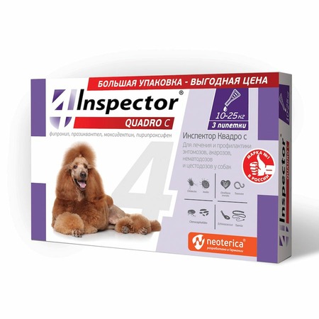 Inspector Quadro капли для собак 10-25 кг от блох, клещей и гельминтов - 3 пипетки фото 1