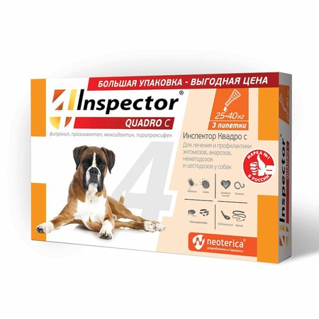 Inspector Quadro капли для собак 25-40 кг от блох, клещей и гельминтов - 3 пипетки фото 1