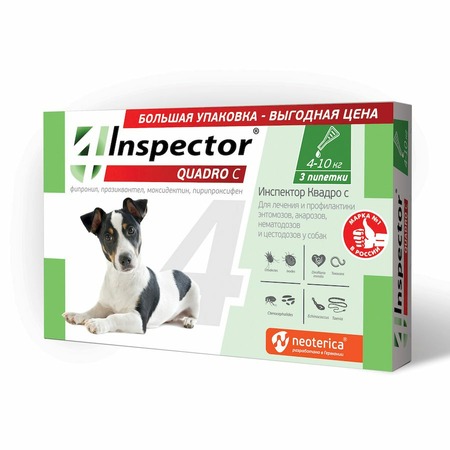 Inspector Quadro капли для собак 4-10 кг от блох, клещей и гельминтов - 3 пипетки фото 1