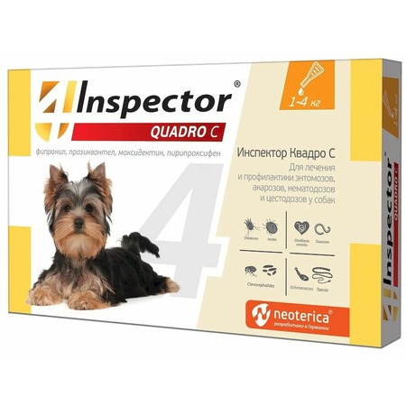 Inspector Quadro капли для собак весом 1-4 кг от внешних и внутренних паразитов - 1 пипетка фото 1