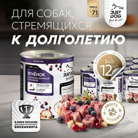 Just Dog Holistic влажный корм для собак, с ЯГНЕНКОМ, черникой, клюквой и яблоком / Just Dog Holistic, 0,340 кг (консервы) фото 1