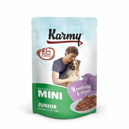 Влажный корм Karmy Mini Junior для щенков мелких пород с ягненком мясные кусочки в соусе - 80 г фото 1