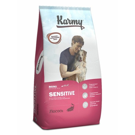 Karmy Sensitive Mini полнорационный сухой корм для собак мелких пород с чувствительным пищеварением, с лососем - 10 кг фото 1