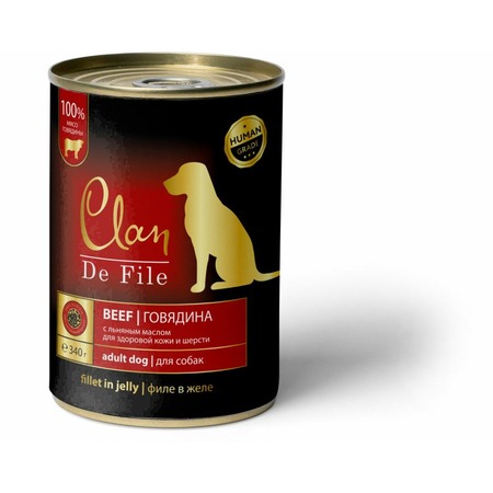 Clan De File полнорационный влажный корм для собак, с говядиной, кусочки в желе, в консервах - 340 г фото 1