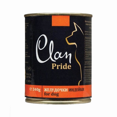 Clan Pride полнорационный влажный корм для собак, с желудочками индейки, кусочки в желе, в консервах - 340 г фото 1