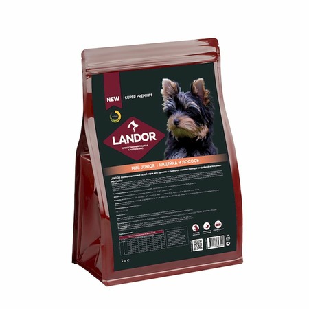 Landor полнорационный сухой корм для щенков и юниоров мелких пород, c индейкой и лососем - 3 кг фото 1