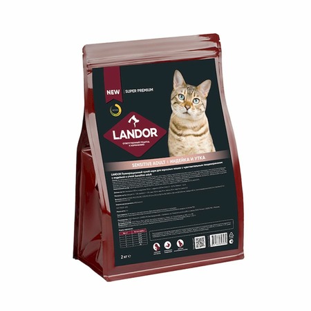 Landor полнорационный сухой корм для кошек с чувствительным пищеварением, c индейкой и уткой - 2 кг фото 1
