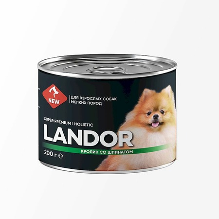 Landor полнорационный влажный корм для собак мелких пород, паштет с кроликом и шпинатом, в консервах - 200 г фото 1