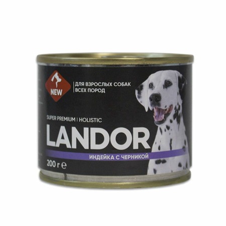 Landor полнорационный влажный корм для собак, паштет с индейкой и черникой, в консервах - 200 г фото 1