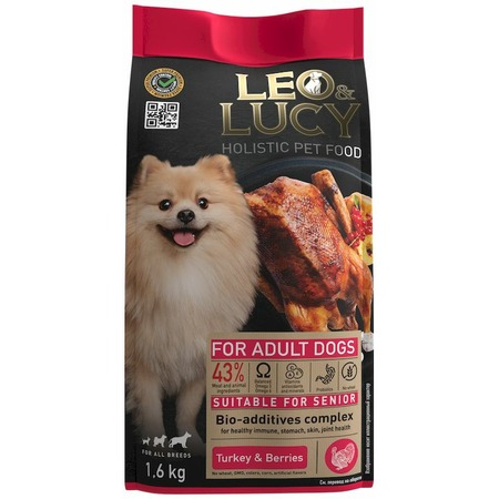 LEO&LUCY сухой холистик корм для взрослых и пожилых собак всех пород с индейкой и ягодами - 1,6 кг фото 1