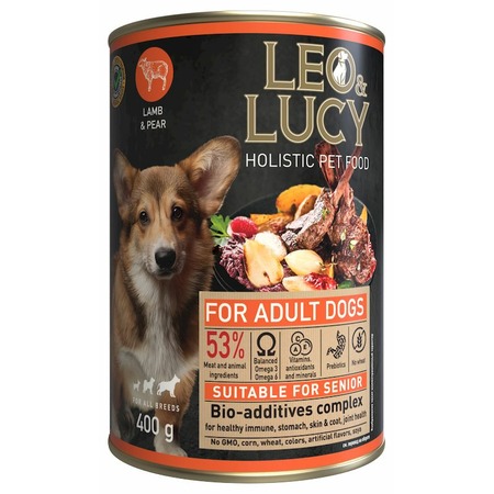 Leo&Lucy влажный полнорационный корм для пожилых собак, с ягненком, грушей и биодобавками, в паштете, в консервах - 400 г фото 1