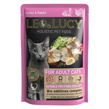 Leo&Lucy влажный полнорационный корм для стерилизованных кошек, с индейкой, кроликом и биодобавками, кусочки в соусе, в паучах - 85 г фото 1