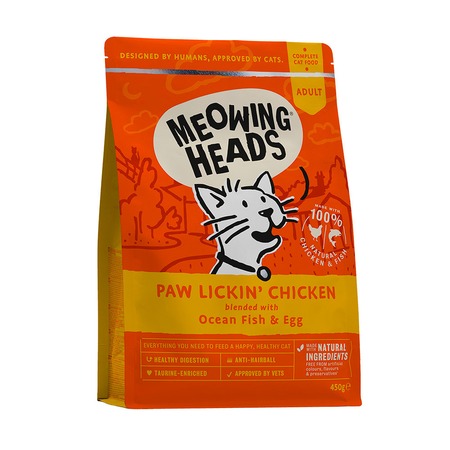 Meowing Heads Paw Lickin’ Chicken сухой беззерновой корм для взрослых кошек с курицей и рисом - 450 г фото 1