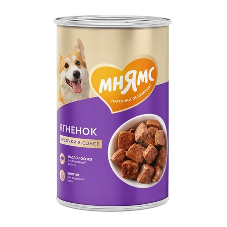 Мнямс Красивая Шерсть кусочки в соусе для взрослых собак всех пород с ягненком в консервах - 400 г (12 шт в уп) фото 1