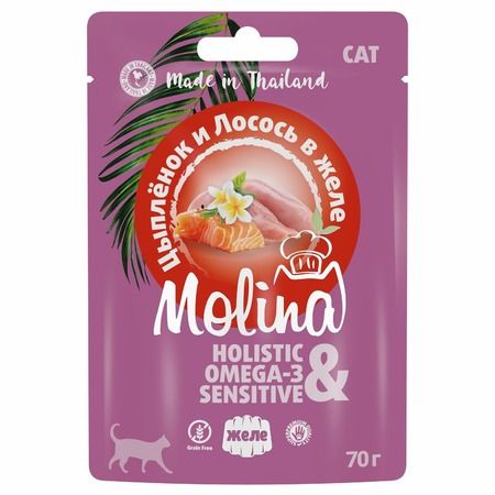 Molina влажный корм для кошек, с цыпленком и лососем, кусочки в желе, в паучах - 70 г фото 1