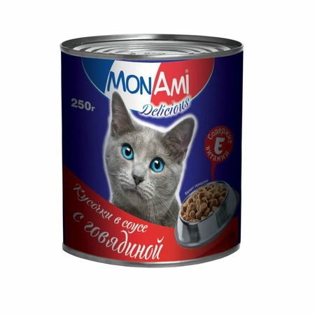 MonAmi влажный корм для кошек, с говядиной, кусочки в соусе, в консервах - 250 г фото 1