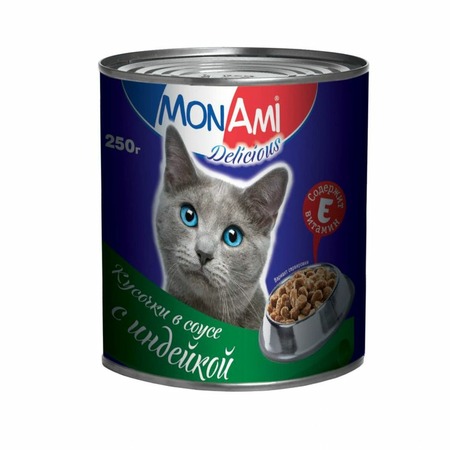 MonAmi влажный корм для кошек, с индейкой, кусочки в соусе, в консервах - 250 г фото 1