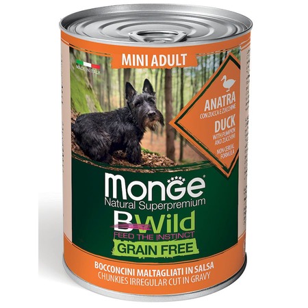Monge Dog BWild Grain Free Mini полнорационный влажный корм для собак мелких пород, беззерновой, с уткой, тыквой и кабачками, кусочки в соусе, в консервах - 400 г фото 1
