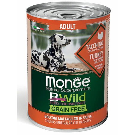 Monge Dog BWild Grain Free полнорационный влажный корм для собак, беззерновой, с индейкой, тыквой и кабачками, кусочки в бульоне, в консервах - 400 г фото 1