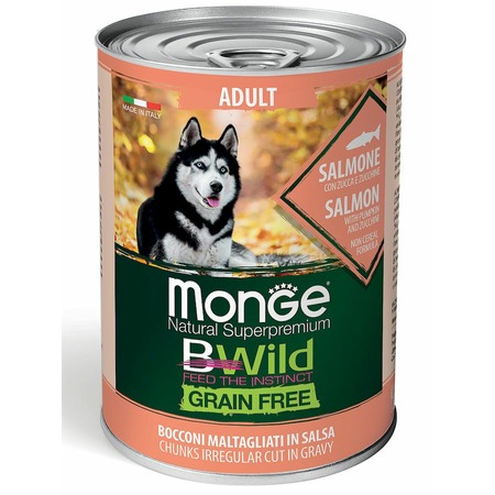 Monge Dog BWild Grain Free полнорационный влажный корм для собак, беззерновой, с лососем, тыквой и кабачками, кусочки в соусе, в консервах - 400 г фото 1