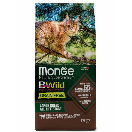 Monge Cat BWild Grain Free полнорационный сухой корм для котят и кошек крупных пород, беззерновой, с мясом буйвола - 1,5 кг фото 1