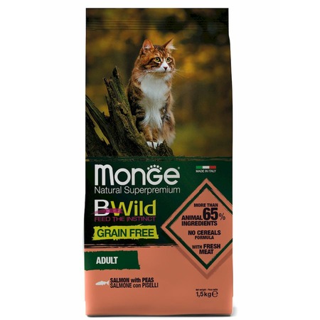 Monge Cat BWild Grain Free полнорационный сухой корм для кошек, беззерновой, с лососем и горохом - 1,5 кг фото 1
