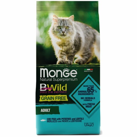 Monge Cat BWild Grain Free полнорационный сухой корм для кошек, беззерновой, с треской, картофелем и чечевицей - 1,5 кг фото 1
